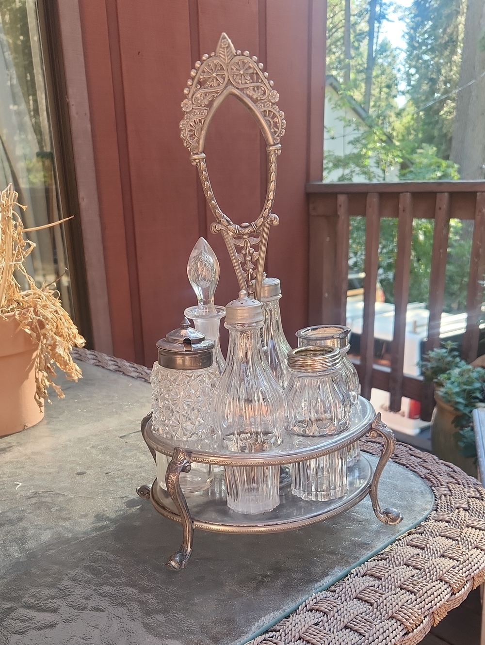 Vintage Silver Condiment Carousel with Clear Glass Bottles - Picture 1 of 16